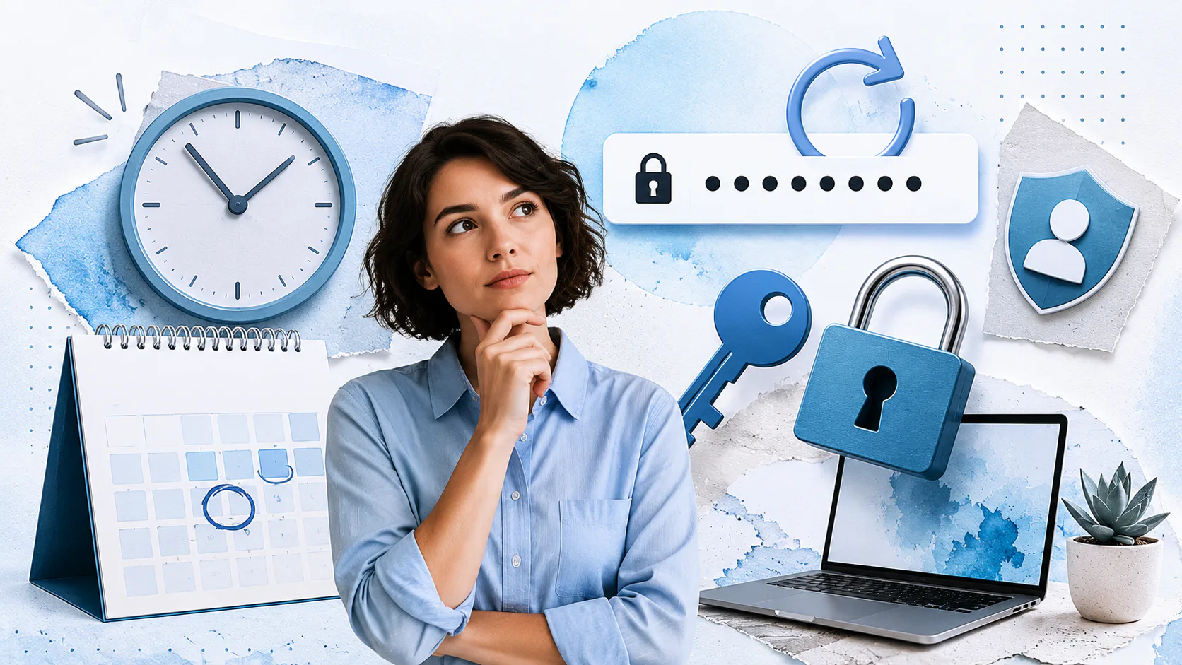 Woman in blue shirt thinking thoughtfully, surrounded by security icons including clock, password field with lock, key, padlock, user profile shield, laptop, calendar, and refresh symbol on waterco...