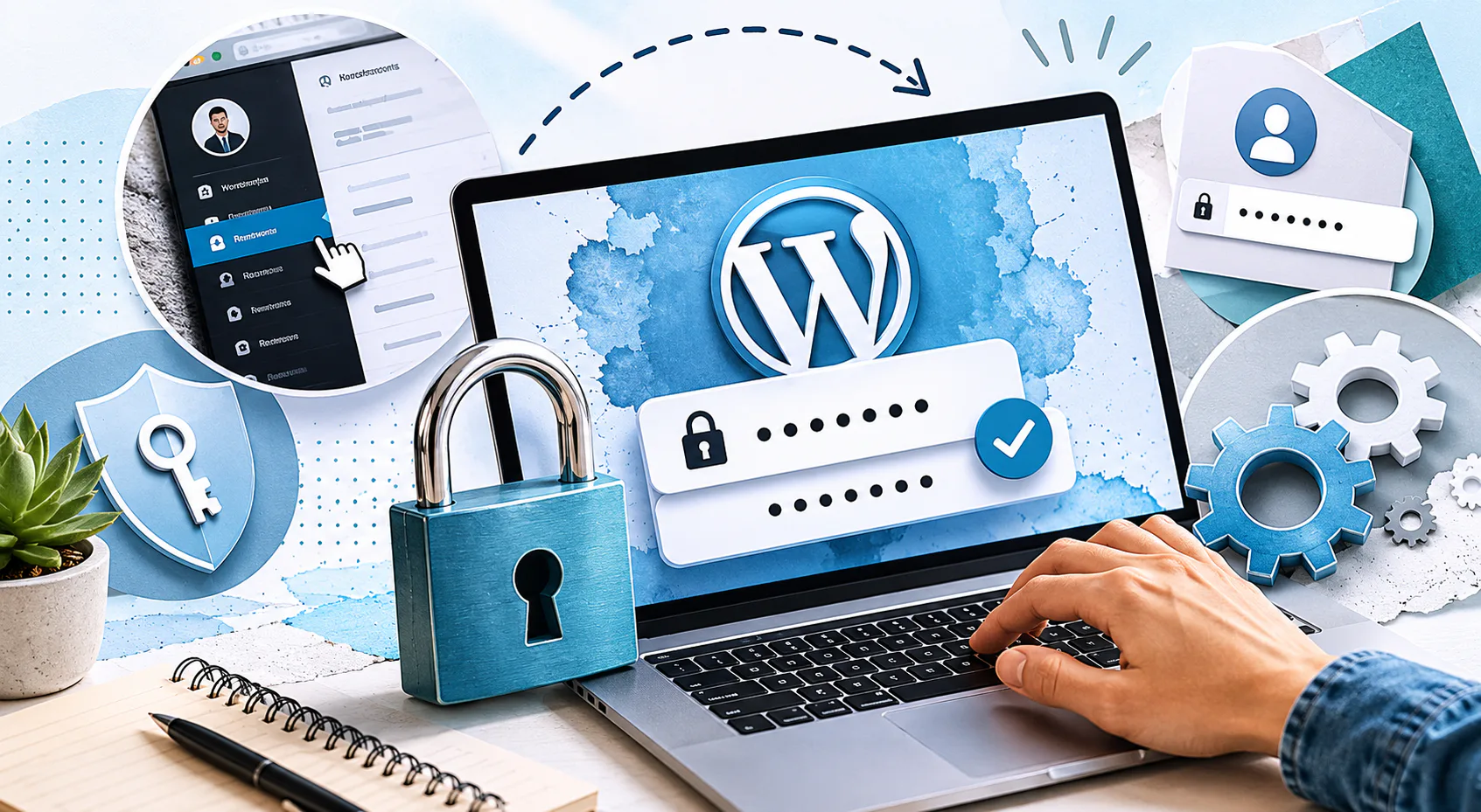 Laptop screen displaying WordPress login with password fields, padlock, gears, user profile icons, and security elements on blue background with hand on keyboard