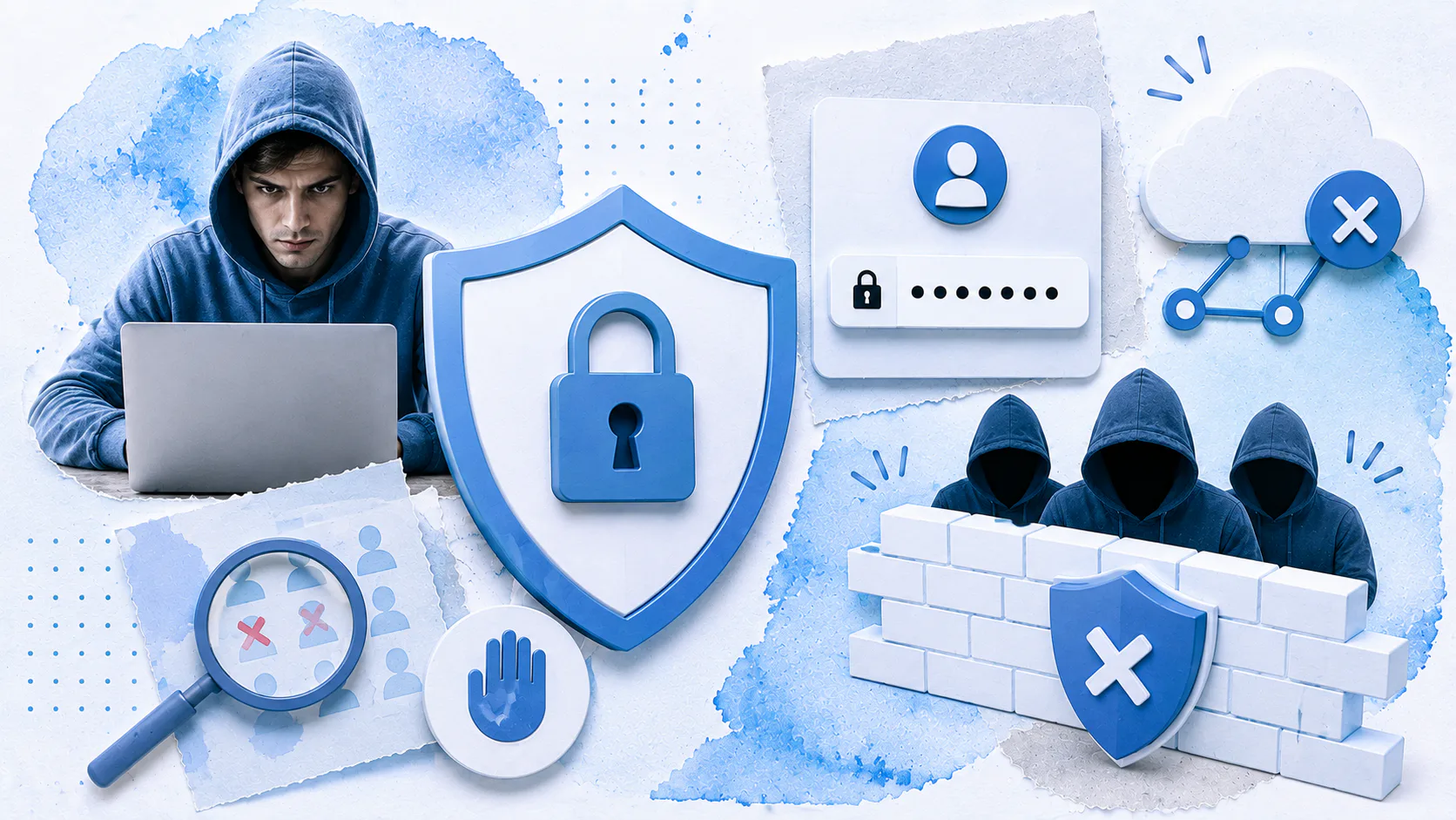 Illustration depicting cybersecurity threats including a hooded figure at laptop, padlock shield icon, login credentials, network diagram with X symbol, masked attackers behind brick wall, and secu...