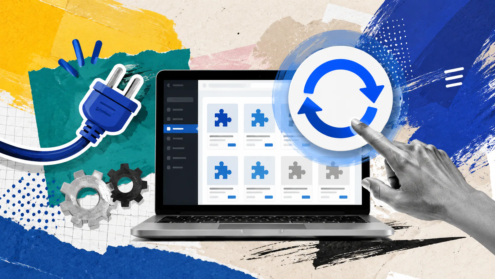 Illustration showing laptop with plugin management interface, power plug icon, refresh symbol with arrow, hand pointing, gears, and colorful abstract design elements representing WordPress plugin u...
