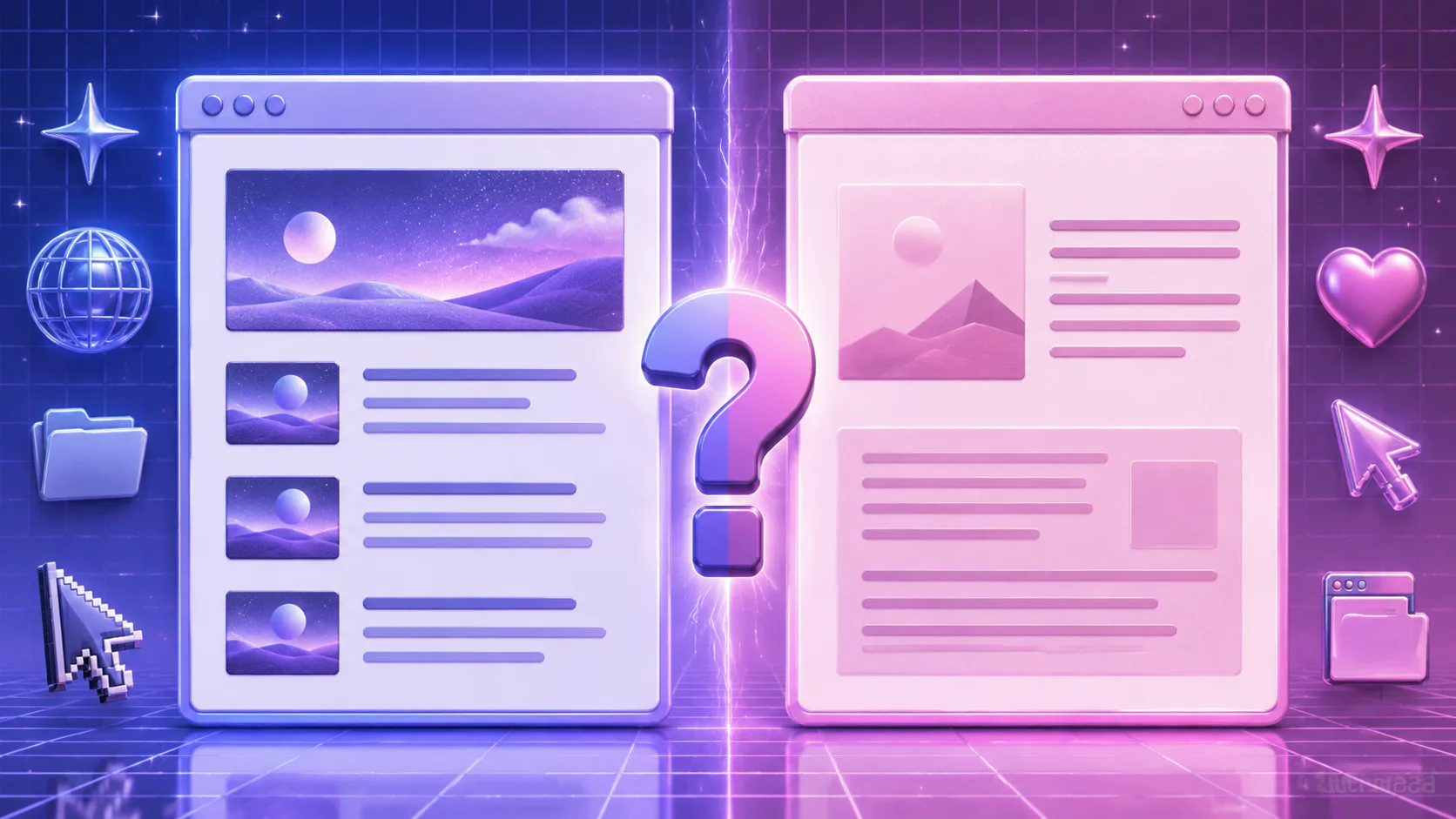 Split-screen illustration comparing WordPress posts (left, blue interface with blog feed) and pages (right, pink interface with static content), separated by a glowing question mark symbol.