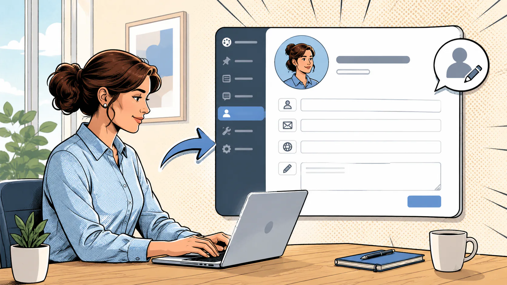 Woman at desk viewing laptop screen displaying WordPress user profile editing form with avatar, contact fields, and navigation menu showing account management options