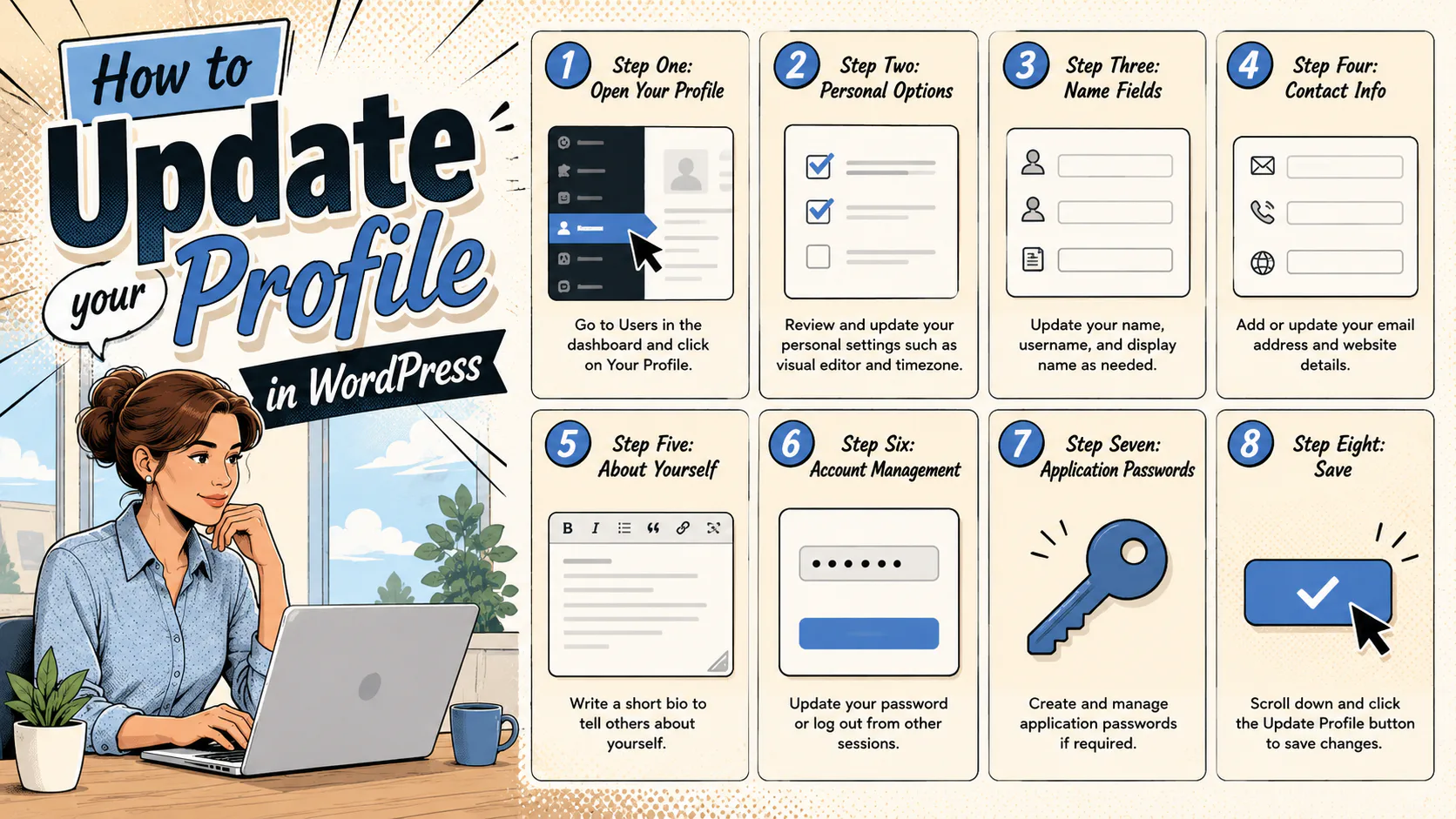 Infographic showing 8 steps to update WordPress profile: open profile, personal options, name fields, contact info, about yourself, account management, application passwords, and save. Illustrated ...