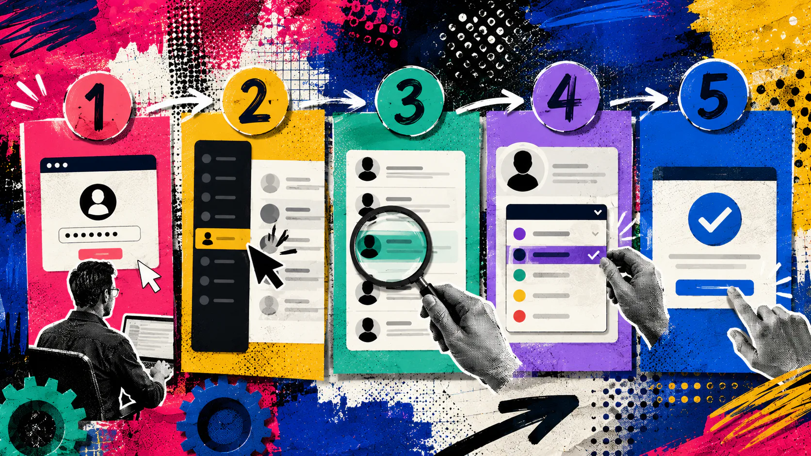Colorful infographic showing five sequential steps numbered 1-5 for changing WordPress user roles, with icons representing login, navigation, user selection, role assignment, and confirmation.