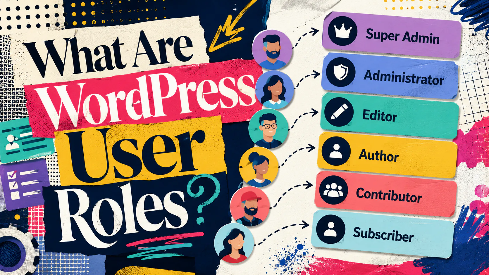 Infographic showing six WordPress user roles with colored badges: Super Admin, Administrator, Editor, Author, Contributor, and Subscriber, each with corresponding user avatar illustrations.