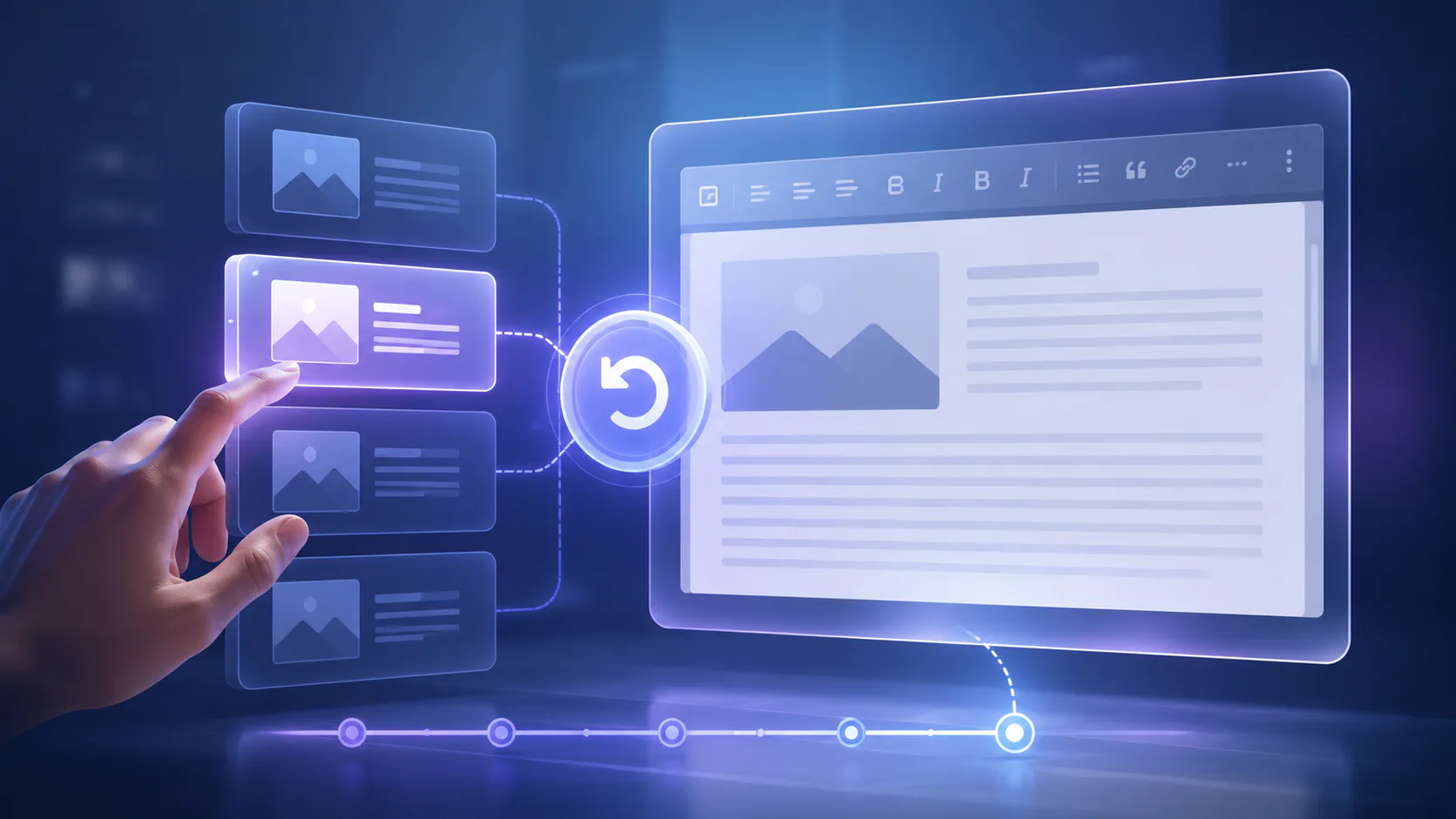 Digital illustration showing a hand selecting content cards on the left connected via sync icon to a document editor on the right, representing WordPress post version recovery workflow.