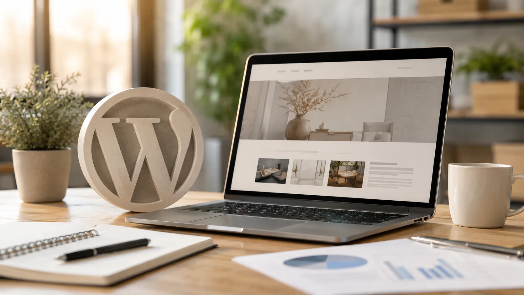 Beige desk workspace featuring WordPress logo sculpture, laptop displaying interior design website gallery, potted plants, notebook with charts, pen, and coffee cup in modern office environment.