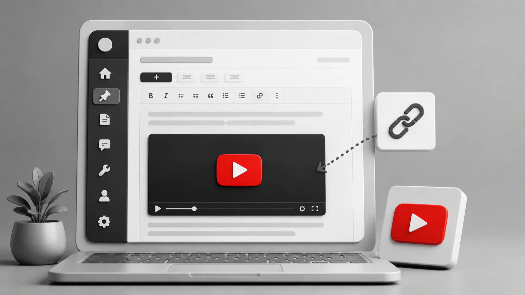 Laptop screen showing WordPress editor with embedded YouTube video player, sidebar navigation menu with tools, decorative plant, link icon, and YouTube logo icons demonstrating video embedding work...