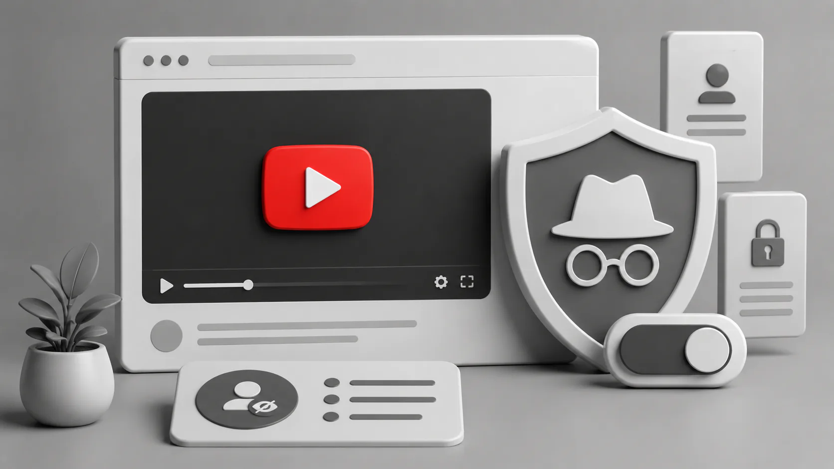 3D illustration showing browser window with YouTube play button, security shield with spy icon and glasses, user profile, and lock symbol representing privacy-enhanced video embedding.