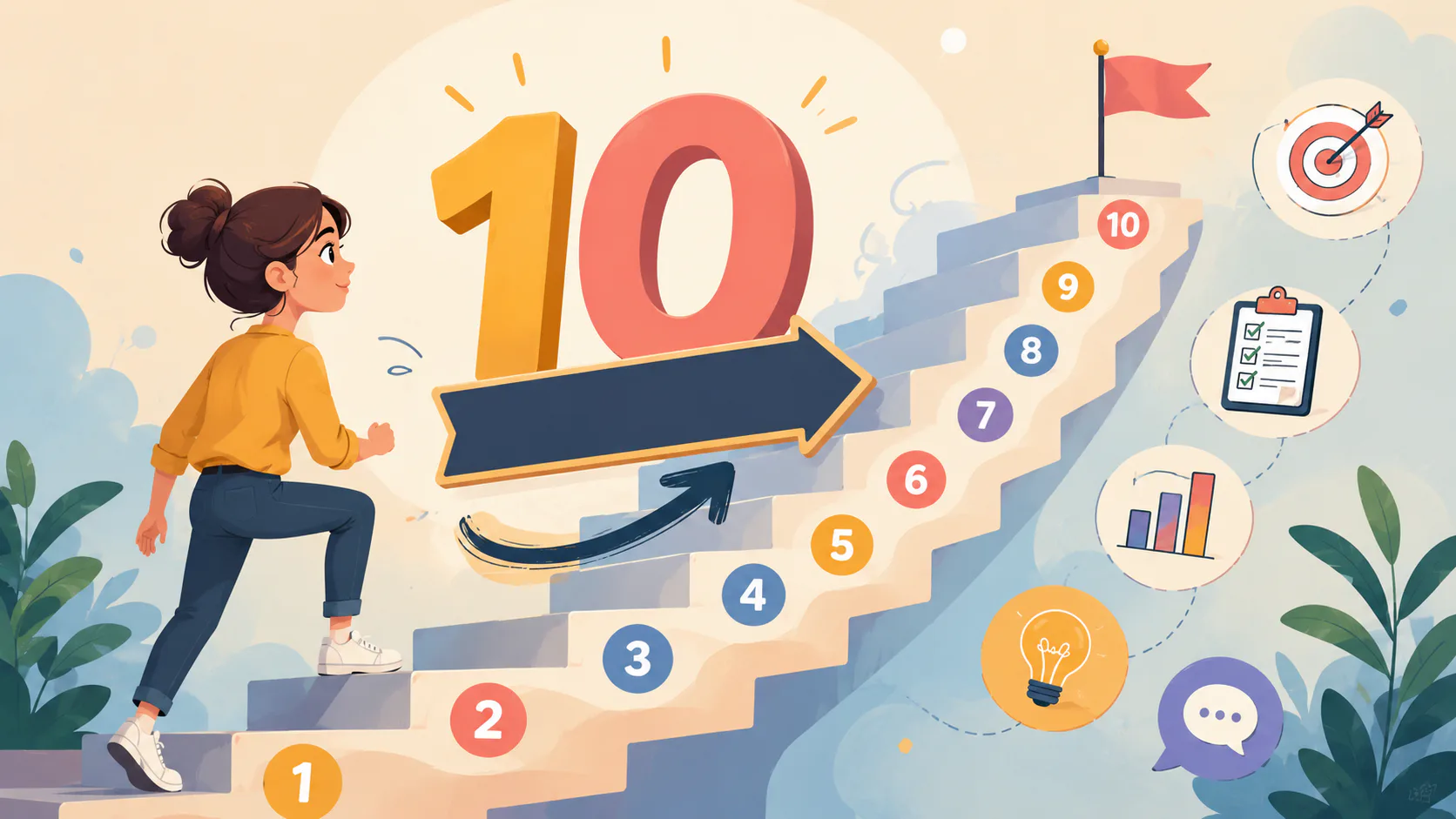 Woman climbing numbered steps 1-10 with arrow, representing a strategic roadmap. Icons show target, checklist, chart, lightbulb, and flag at summit symbolizing goals and business success.