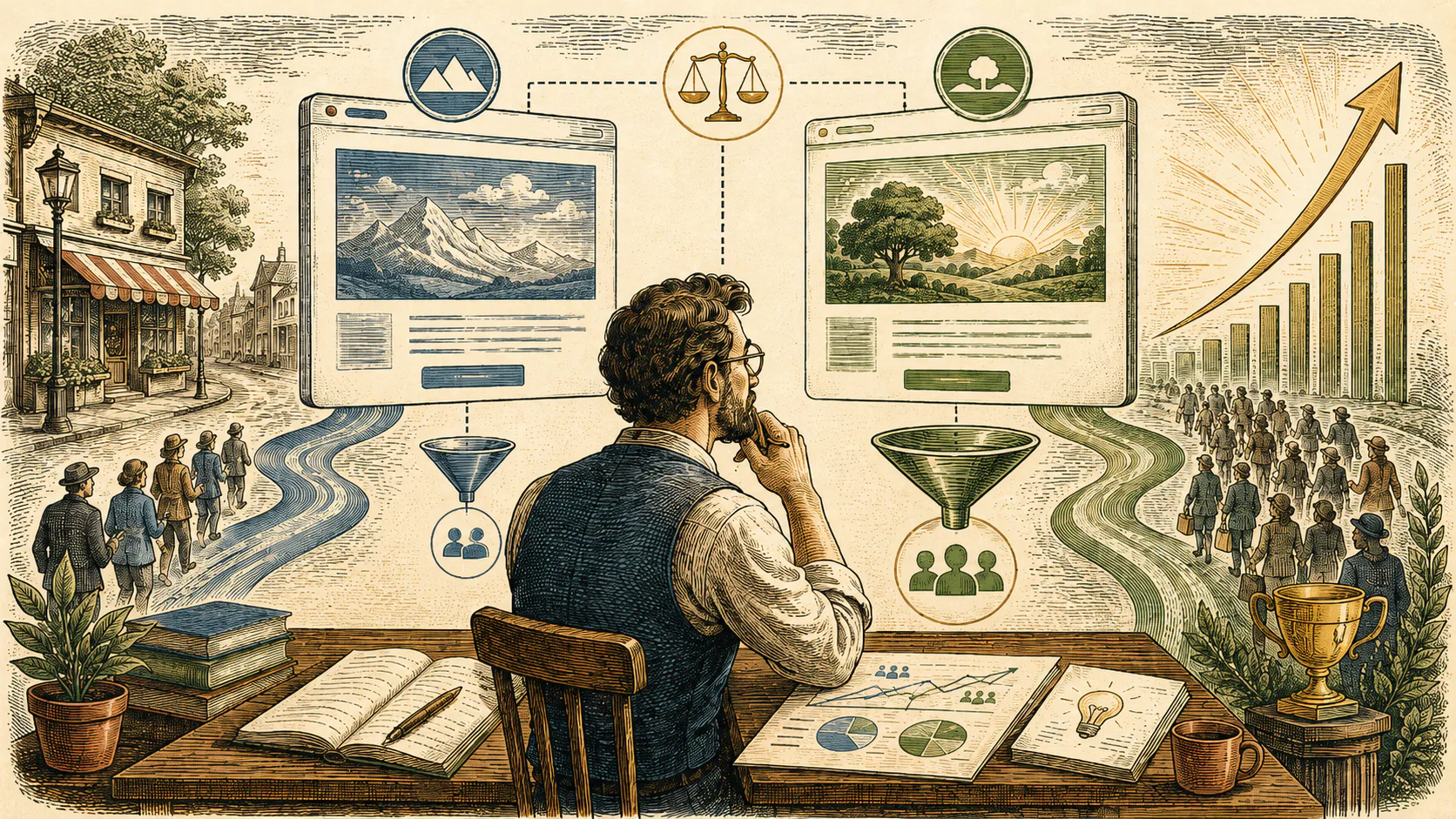 Man in glasses analyzing two website variants displayed on screens, comparing mountains and natural landscapes with icons for justice scales, growth charts, and audience metrics in vintage engravin...