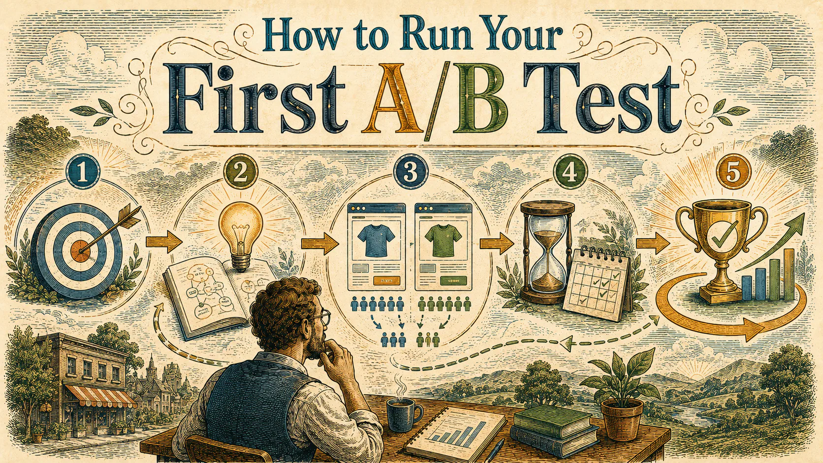 Vintage infographic showing five-step A/B testing process: target setting, idea generation, variant creation, time management, and success measurement with trophy icon