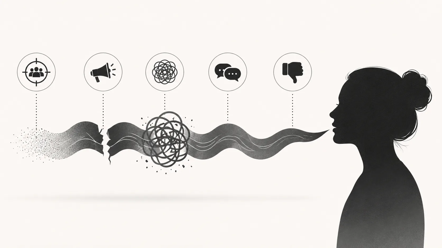 Silhouette of a woman's profile with flowing wavy lines emanating from her mouth, containing icons representing targeting, megaphone, confusion, conversation, and disapproval, illustrating common b...