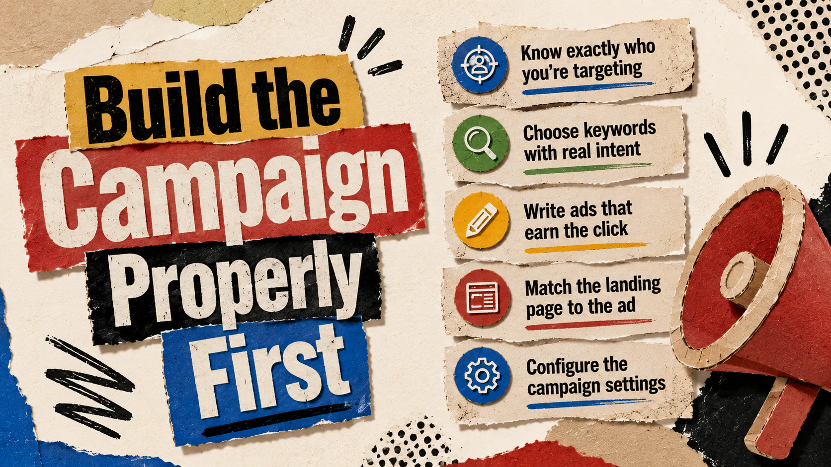 Infographic showing five steps to build Google Ads campaigns: know your target audience, choose keywords with intent, write effective ads, match landing pages, and configure campaign settings. Each...