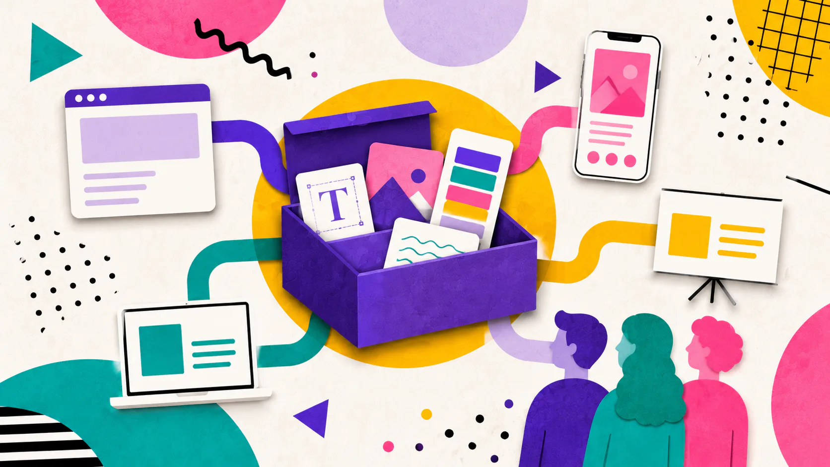 Colorful illustration showing a purple box overflowing with design assets including logos, color palettes, typography samples, and digital mockups. Silhouettes of three team members stand below sur...