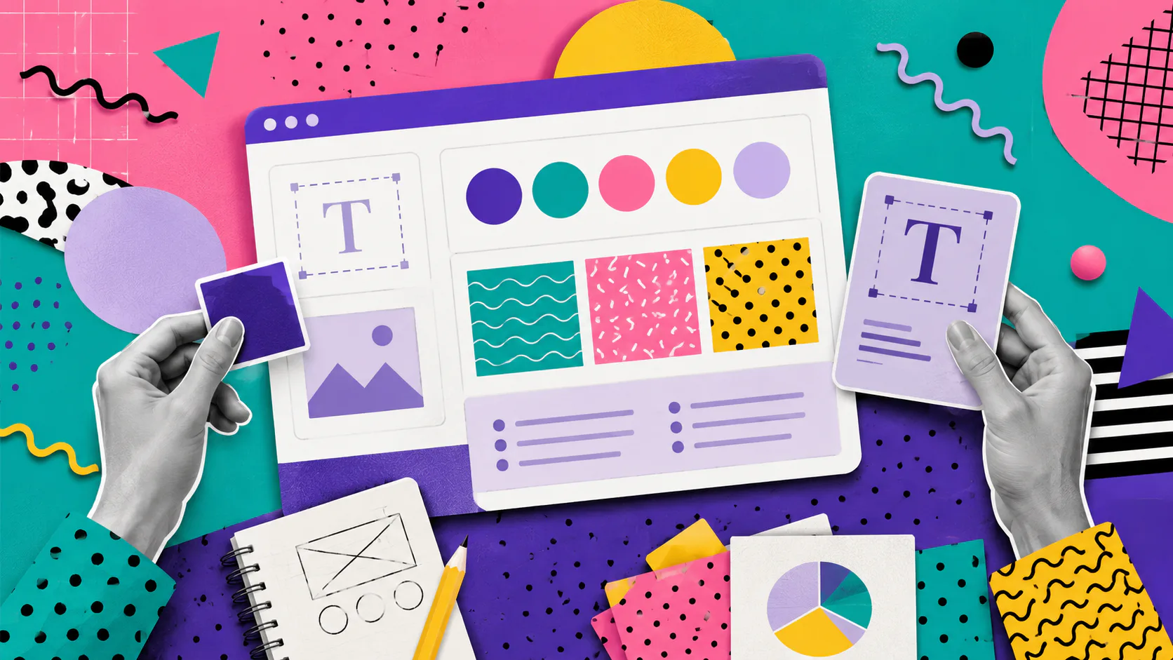 Hands holding design mockups displaying a Canva Brand Kit interface with color palettes, logos, patterns, and typography options on a vibrant pink and teal background.