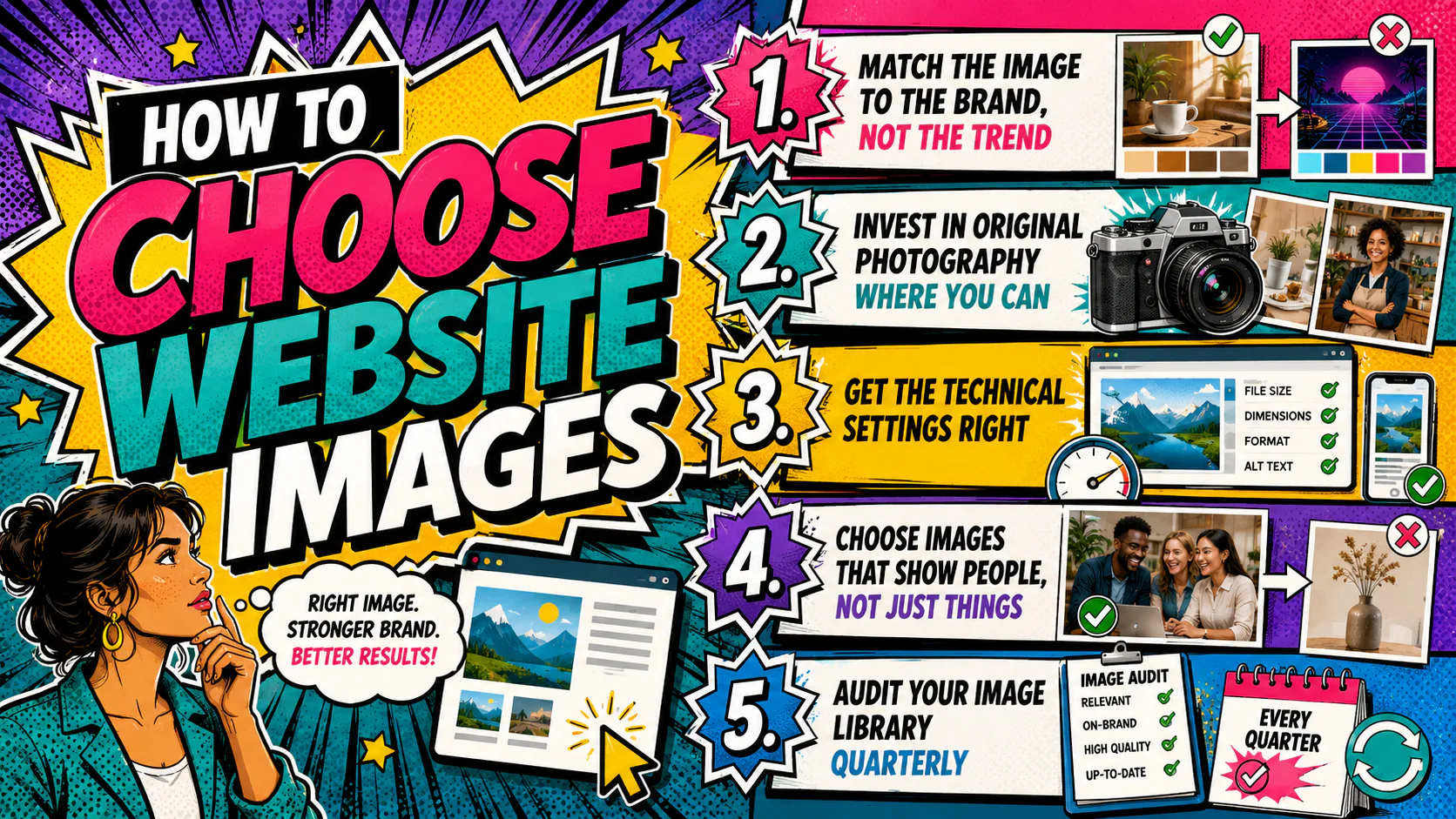 Colorful comic-style infographic showing five tips for selecting website images: match brand not trends, invest in original photography, get technical settings right, choose images with people, and...