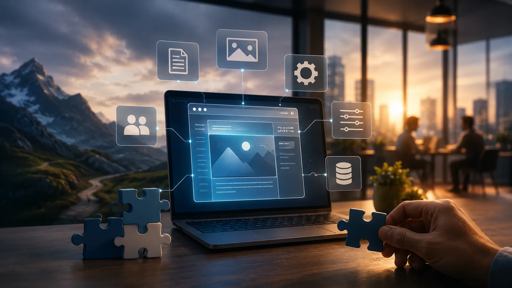 Laptop displaying content management interface with floating icons for documents, images, settings, team collaboration, database, and controls, surrounded by puzzle pieces and mountain landscape ba...