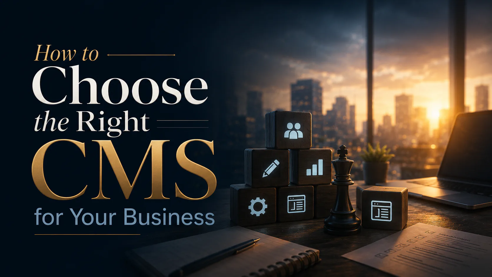 Desktop workspace with stacked black cubes displaying CMS icons including team, analytics, tools, and content management symbols, with chess piece and city skyline at sunset in background