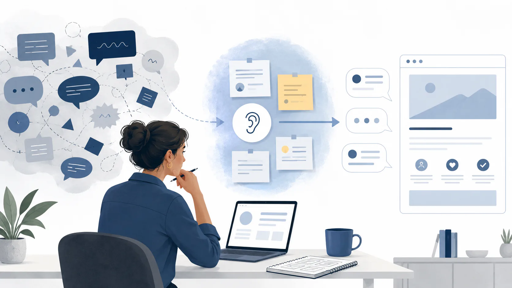 Woman at desk reviewing laptop with visualization showing communication flow from customer conversations through listening icon to organized notes and website interface displaying customer testimon...