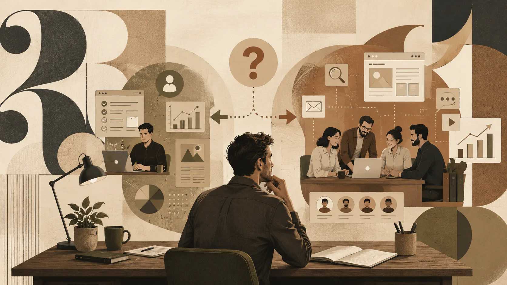 Illustration of a man at a desk contemplating a team of marketing professionals collaborating around a table with laptops, surrounded by digital marketing icons including charts, analytics, and sea...