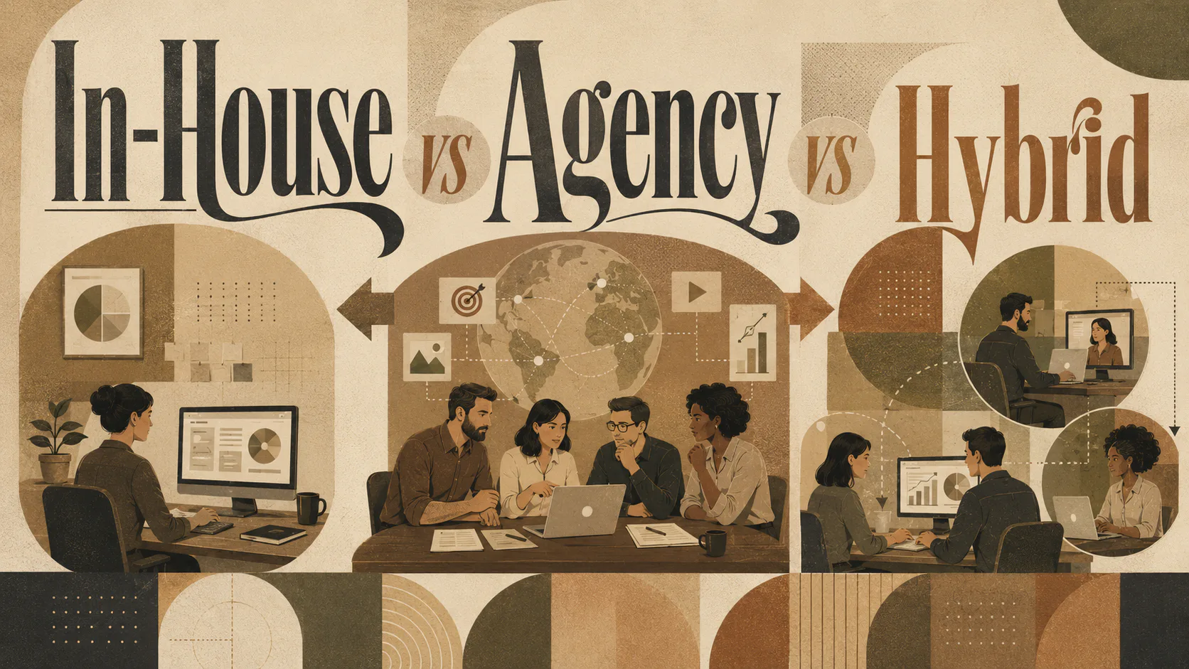 Infographic comparing three digital marketing approaches: in-house employee working at desk with analytics, agency team collaborating around table with global reach, and hybrid model showing remote...