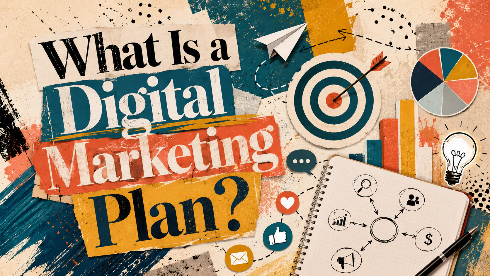 Colorful vintage-style infographic showing 'What Is a Digital Marketing Plan?' with paper airplane, target bullseye, pie chart, lightbulb, social media icons, notebook with strategy diagram, and ma...