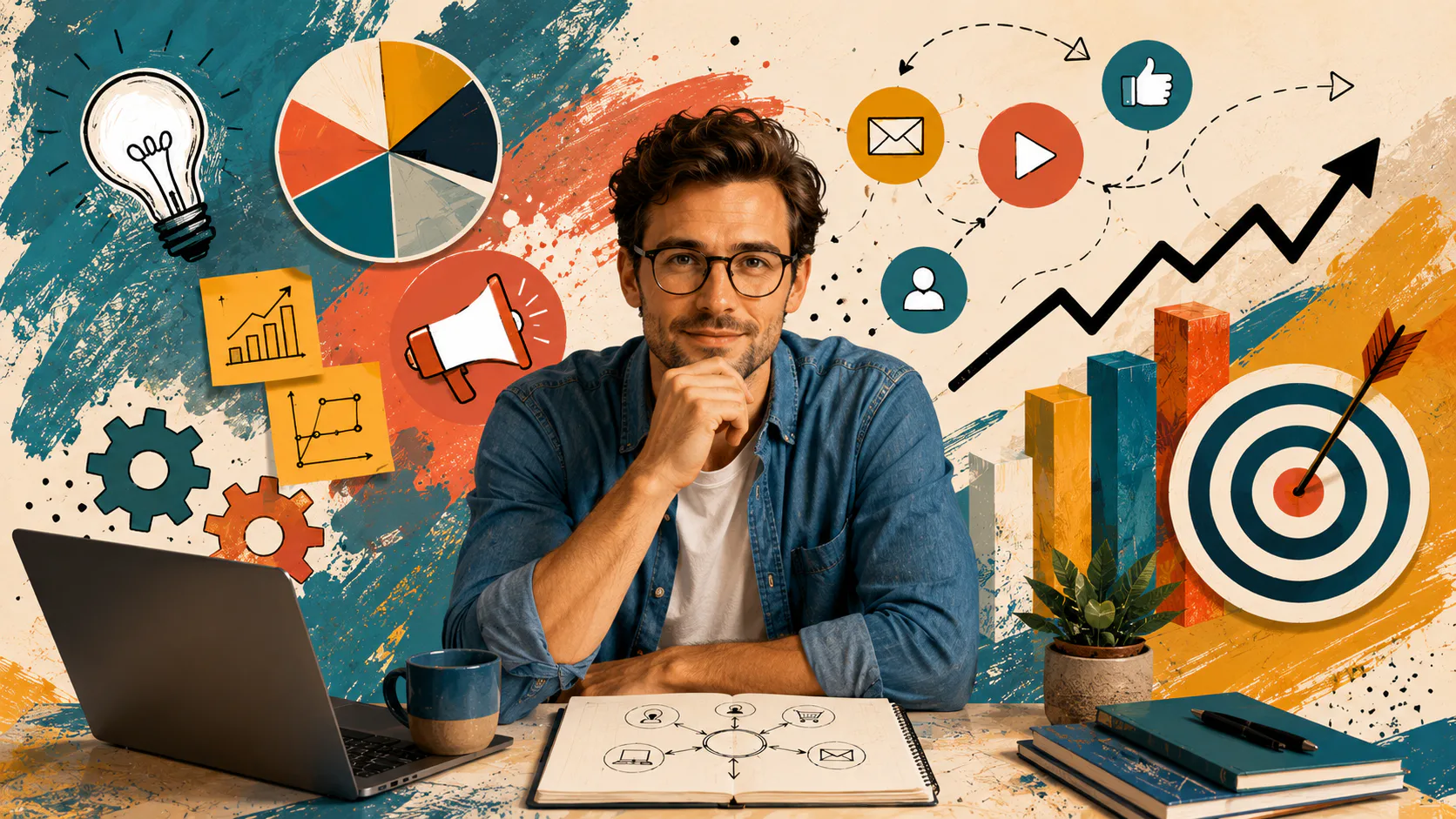 Man in glasses wearing denim shirt sitting at desk with laptop, surrounded by colorful marketing icons including lightbulb, pie chart, megaphone, gears, email envelope, play button, growth arrow, t...