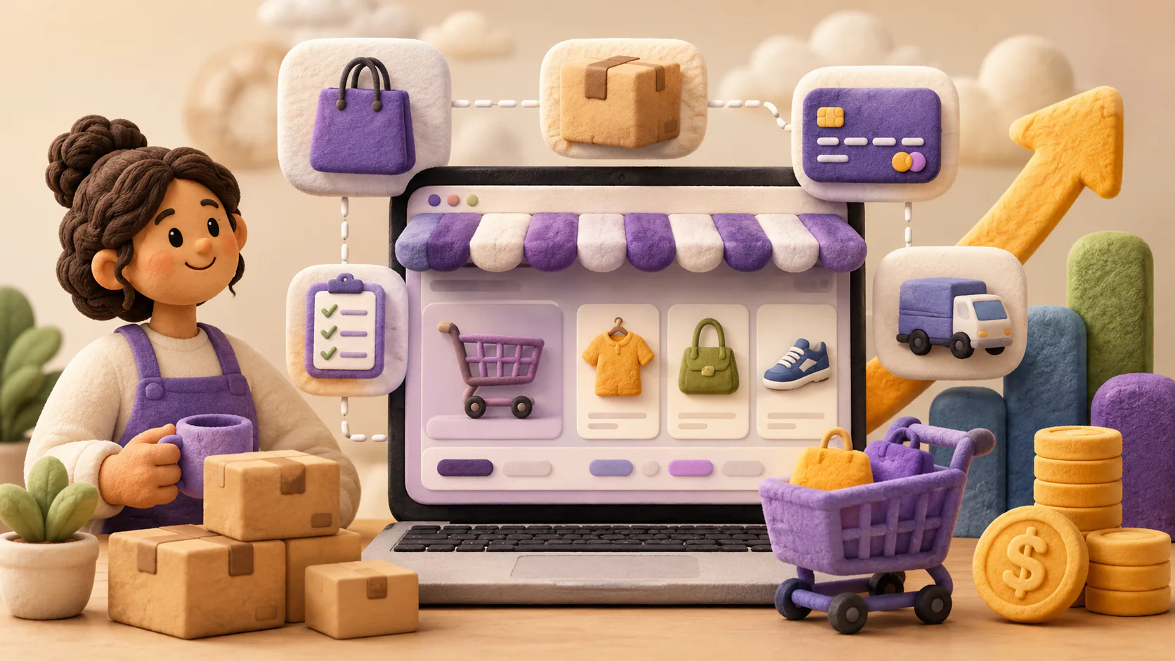 Illustrated woman in purple apron managing an online store displayed on laptop screen, surrounded by shopping carts, products, payment icons, delivery truck, and business growth symbols.