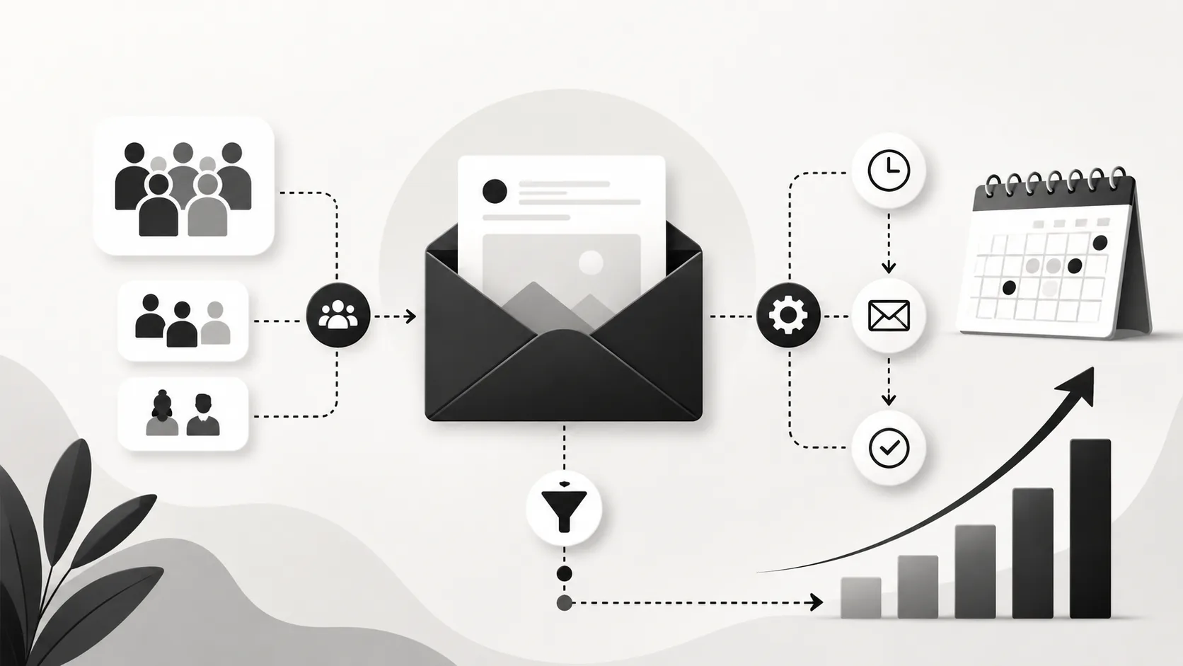 Flowchart showing email marketing workflow: customer segmentation from audience groups leading to email composition, then automation with timing, settings and confirmations, resulting in calendar s...