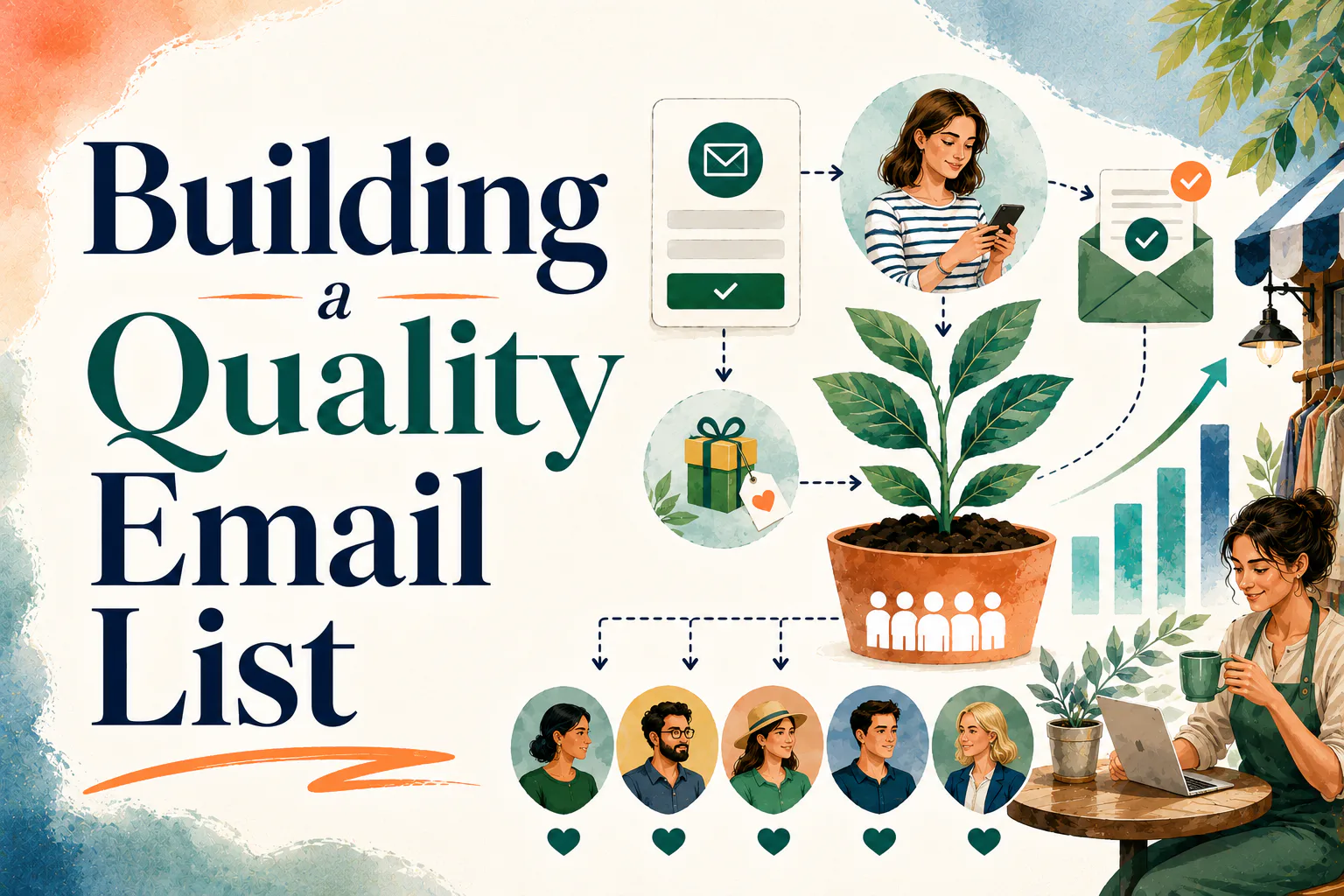 Infographic showing email marketing workflow: envelope icon connects to woman on phone, gift box, plant in pot with audience below, growth chart, and diverse team avatars with hearts