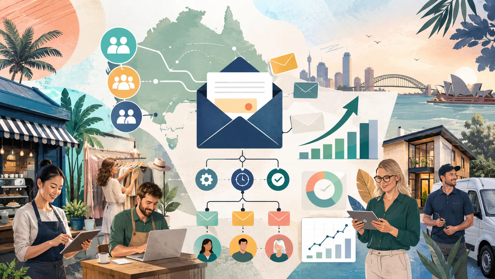 Digital illustration showing email marketing workflow with envelope icons, analytics charts, team members using tablets and laptops, Australian map, cityscape, and connected business icons represen...