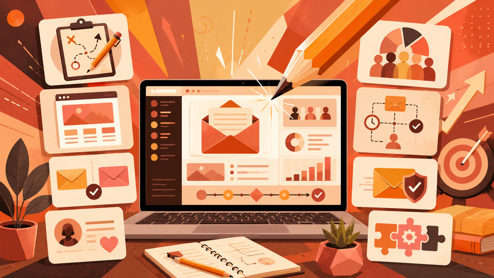 Illustrated workspace showing a laptop displaying email campaign design with envelope icon, surrounded by floating icons representing email marketing features: strategy planning, team collaboration...
