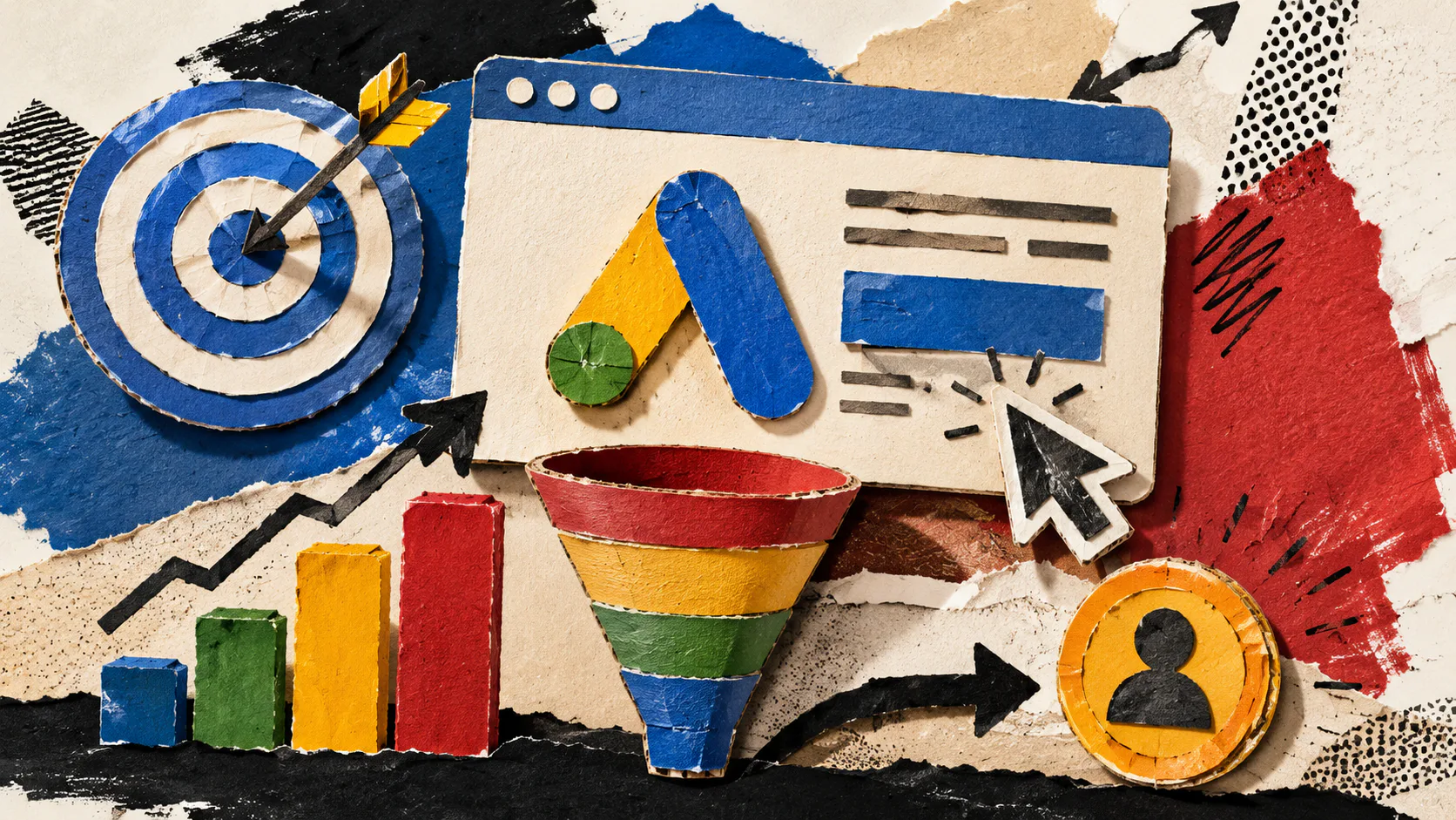 Colorful paper collage illustration showing digital marketing elements including target bullseye, funnel chart, bar graph, website mockup, upward arrows, user icon, and campaign optimization icons ...