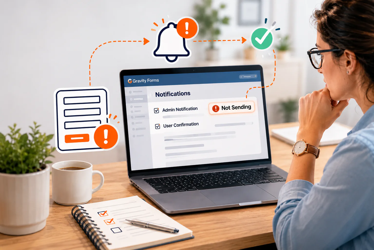 Woman at desk viewing Gravity Forms notifications panel on laptop, with visual workflow diagram showing form submission process, alert bell icon, and checkmark confirmation status.