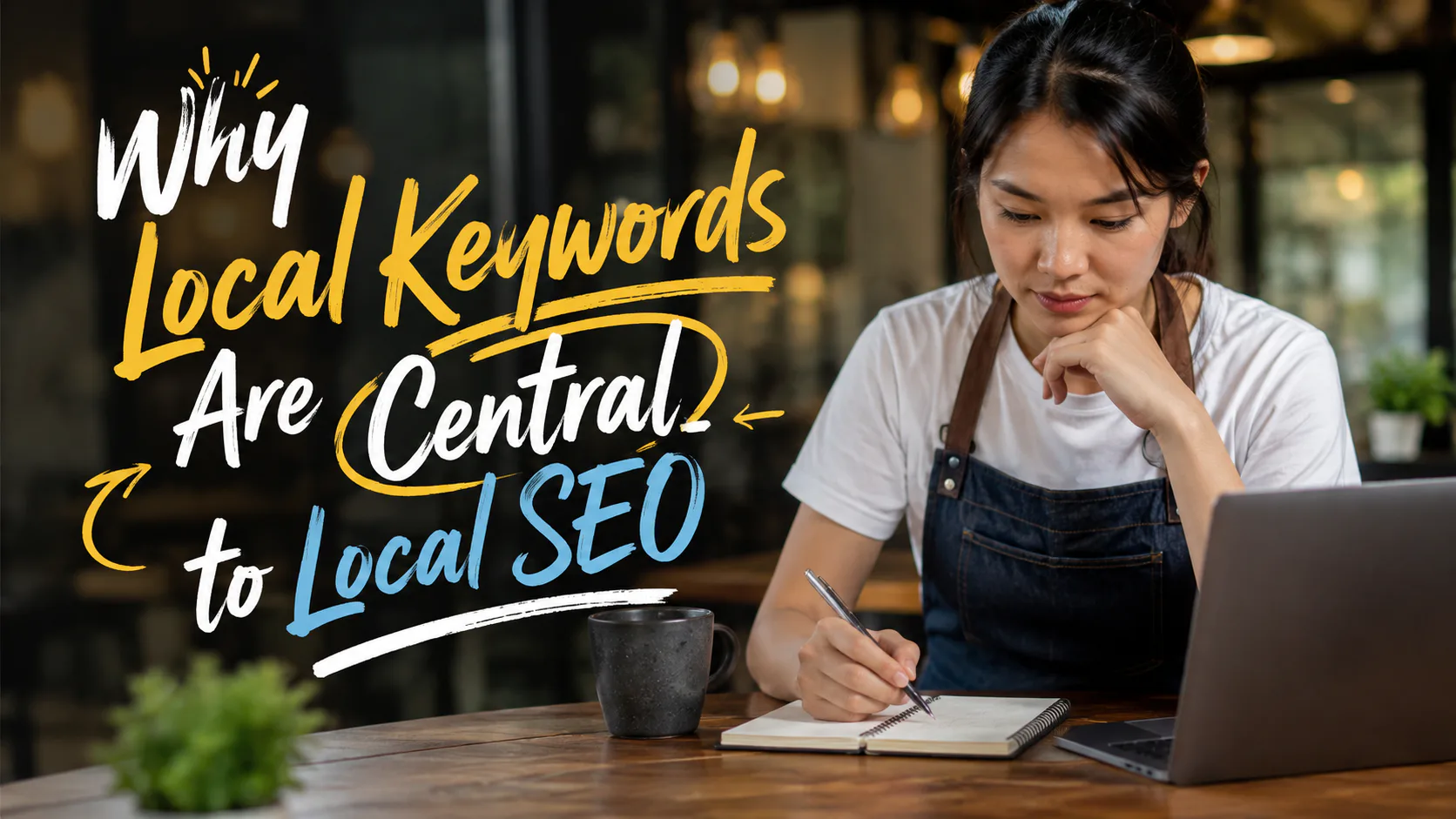 Asian woman in apron working at laptop, taking notes in notebook with coffee cup on desk, illustrating local SEO strategy planning and keyword research for businesses.