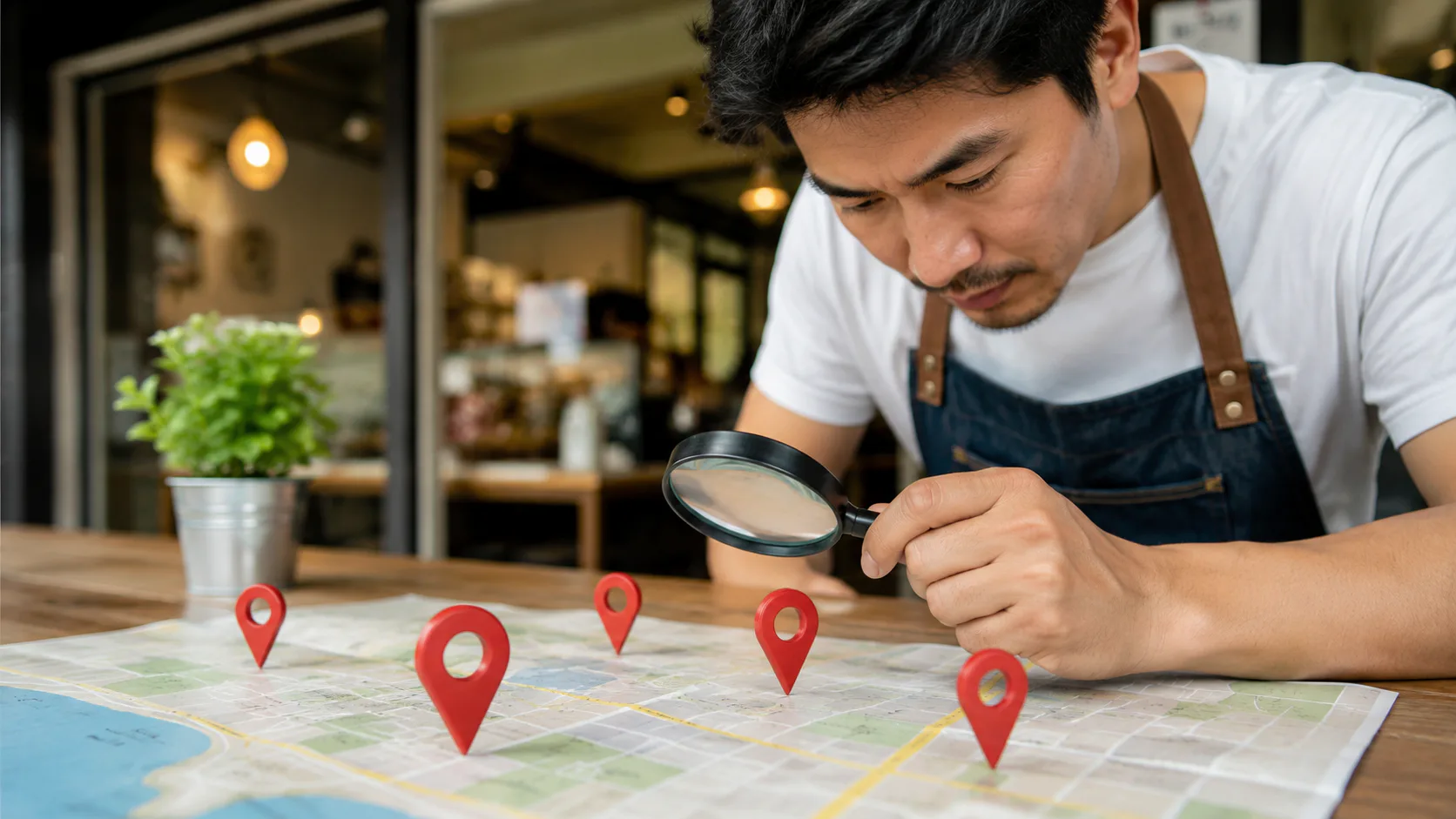 Man in apron examining map with magnifying glass, red location pins marking multiple points on street map at wooden table in modern cafe setting