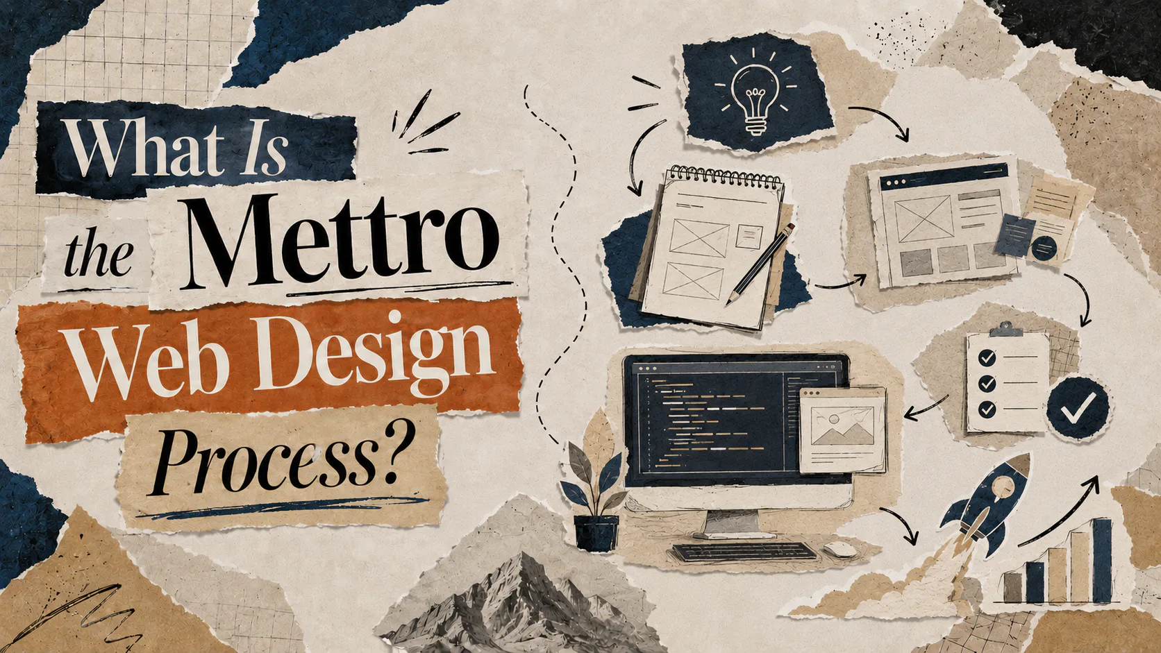 Visual flowchart showing six stages of web design process: brief and brainstorm with lightbulb icon, analyse and plan with chart, design and development with wireframes, user acceptance testing wit...