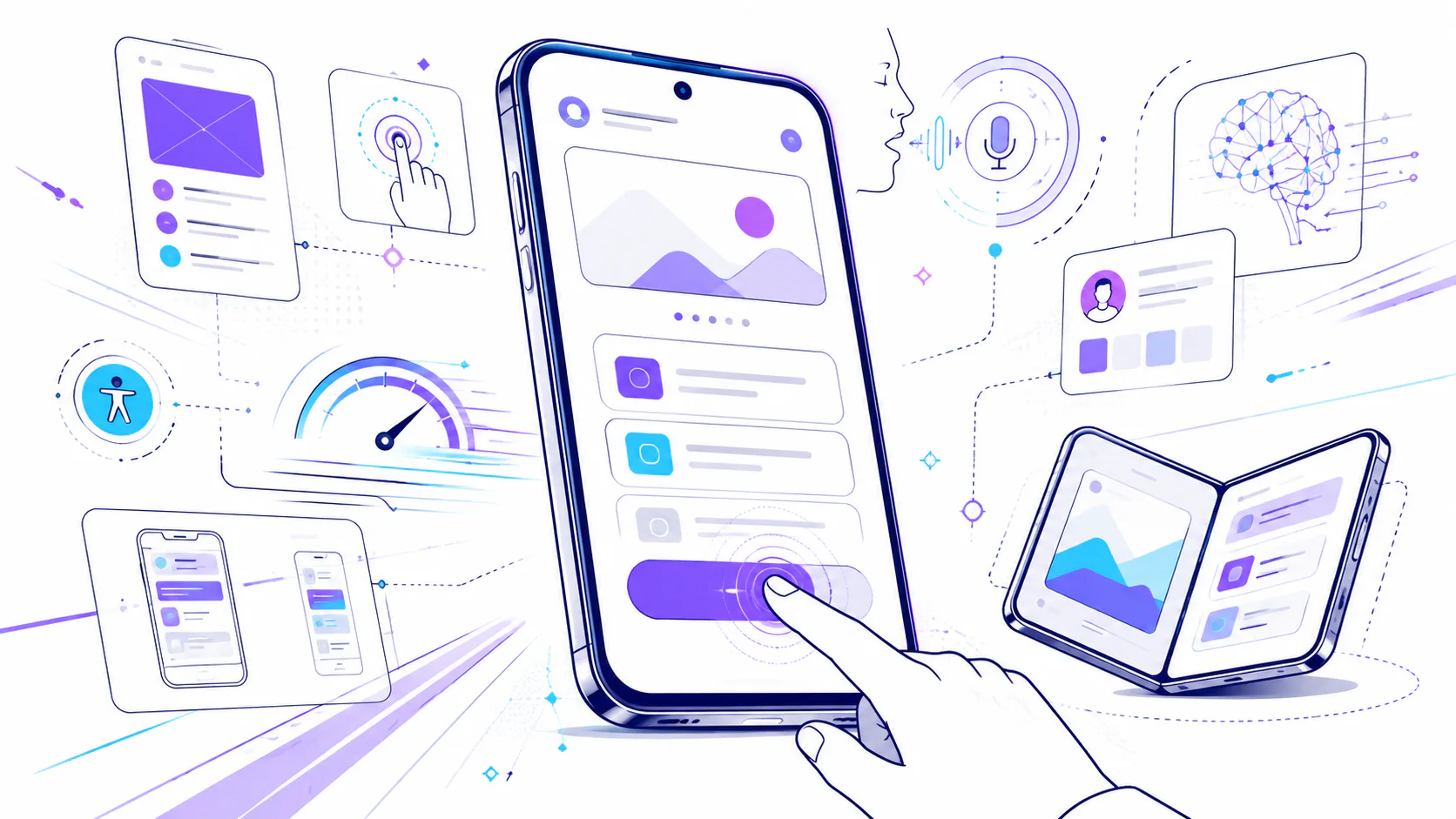 Illustration showing mobile UX design elements including smartphones with app interfaces, hand interactions, accessibility icons, AI brain symbol, voice input microphone, user profile cards, and re...