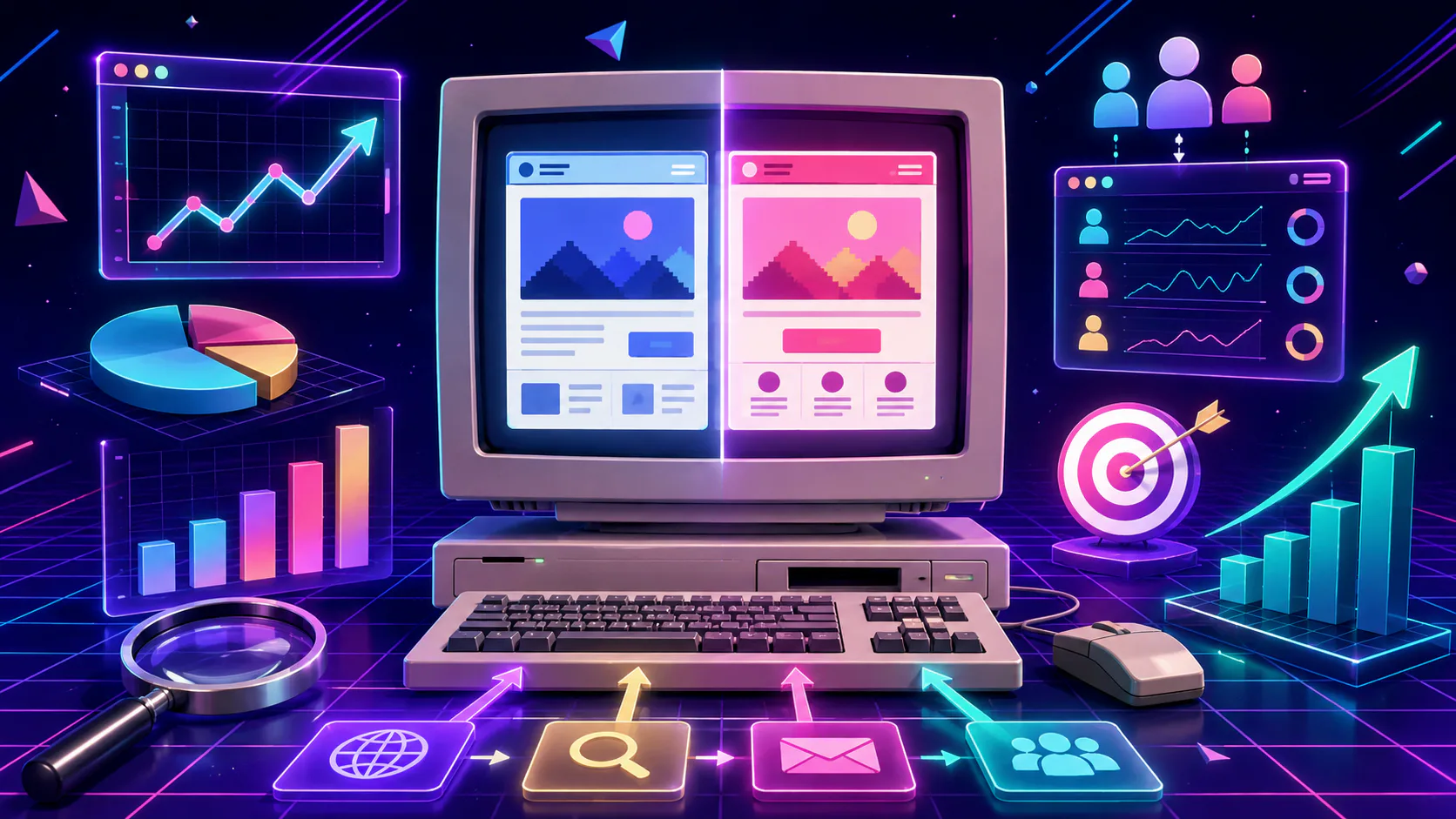 Retro computer displaying dual analytics dashboards with neon-glowing charts, graphs, and performance metrics on dark background surrounded by data visualization icons