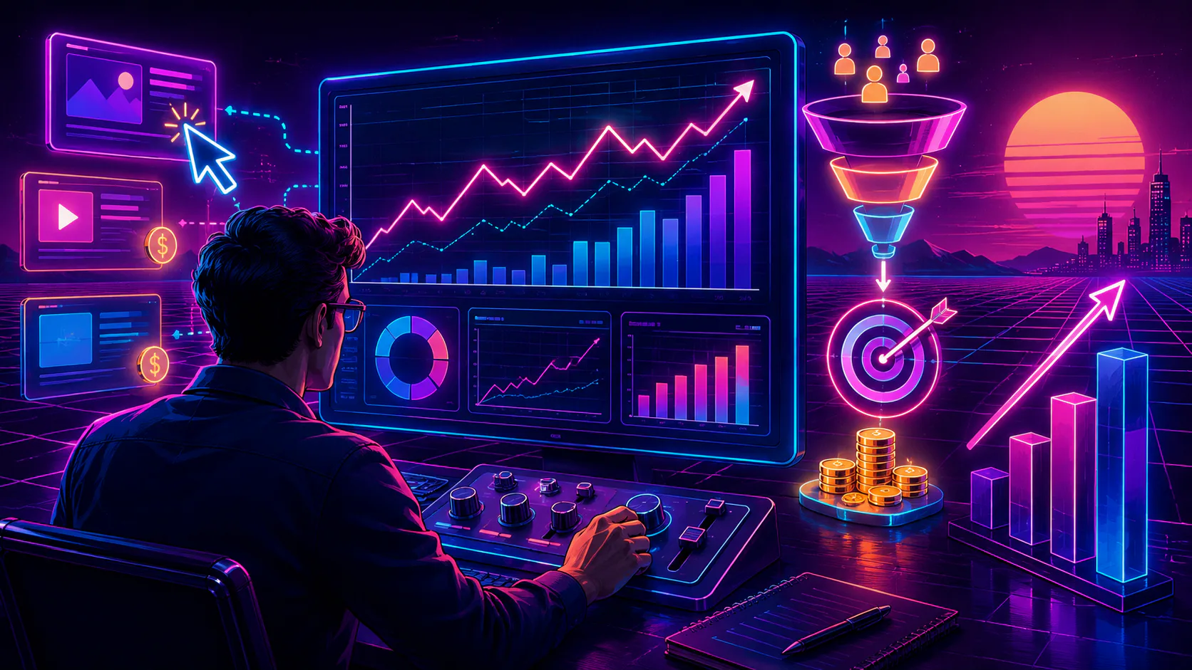 Person wearing glasses viewing a neon-lit digital dashboard displaying upward trending graphs, conversion funnels, target icons, and financial metrics in vibrant pink and blue colors.