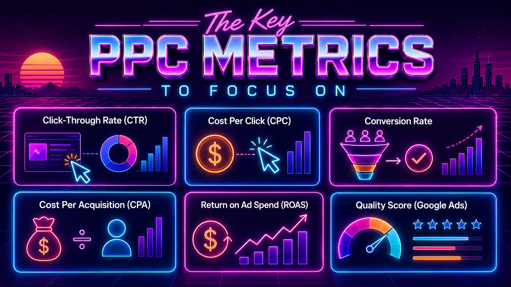 Neon-styled infographic displaying six essential PPC advertising metrics: Click-Through Rate with analytics chart, Cost Per Click with dollar icon, Conversion Rate with funnel diagram, Cost Per Acq...