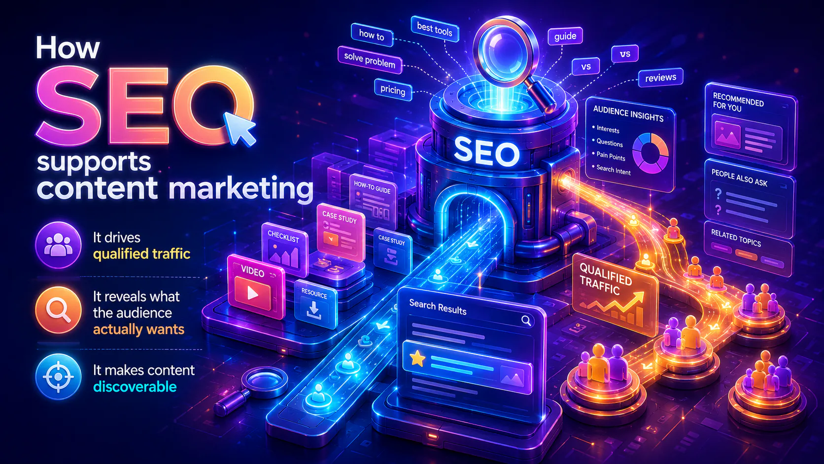 Neon-style 3D infographic showing SEO hub with branching topics including best tools, guides, pricing, and audience insights. Smartphone displaying search results with qualified traffic visualizati...