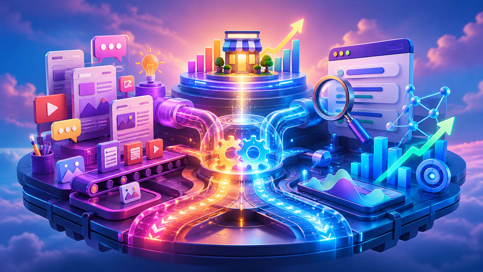 Colorful 3D illustration showing digital marketing elements including gears, shop storefronts, analytics charts, magnifying glass, and glowing neon connections on a cloud background