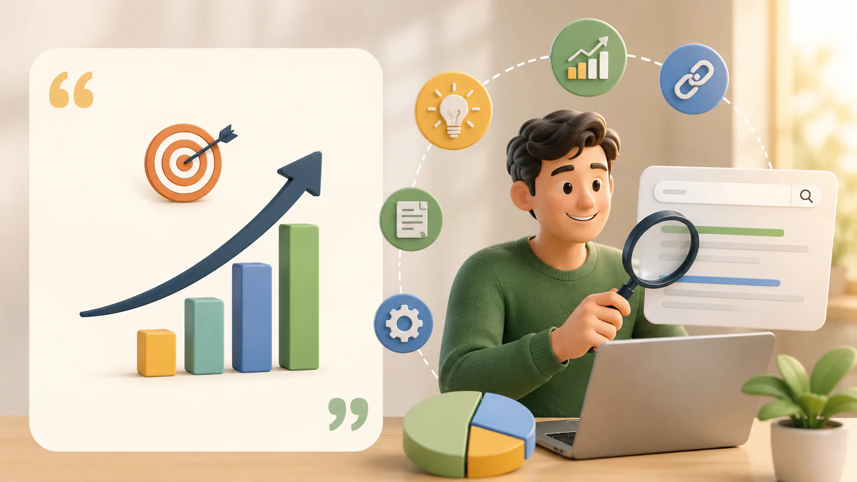 Cartoon man in green sweater holding magnifying glass examining search results on laptop screen, surrounded by floating icons representing growth charts, ideas, links, documents, gears, and analytics