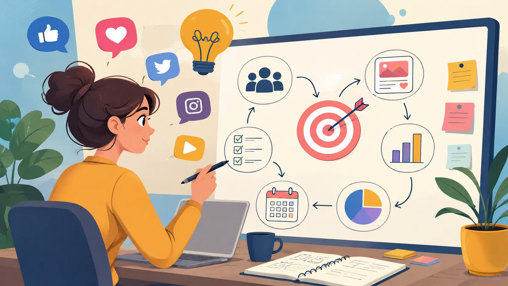 Woman at desk viewing computer screen displaying social media strategy flowchart with target, audience, content, analytics and engagement icons connected by arrows, surrounded by social platform logos
