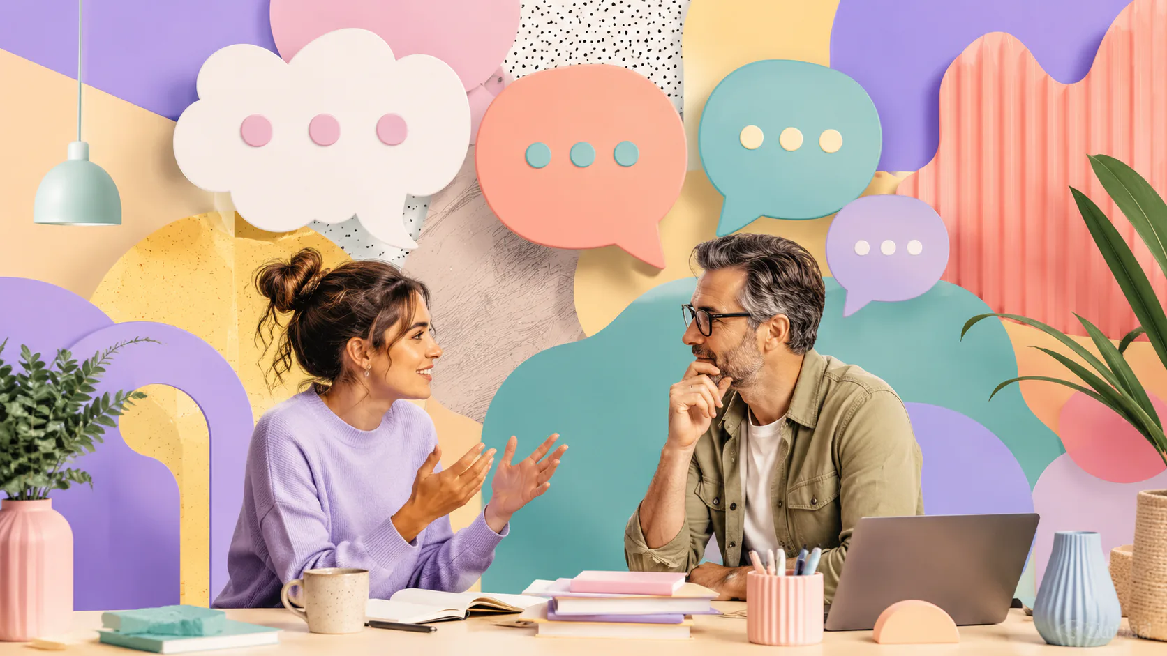 Two professionals engaged in conversation at a desk with laptop, surrounded by colorful speech bubbles and abstract shapes representing communication and dialogue.