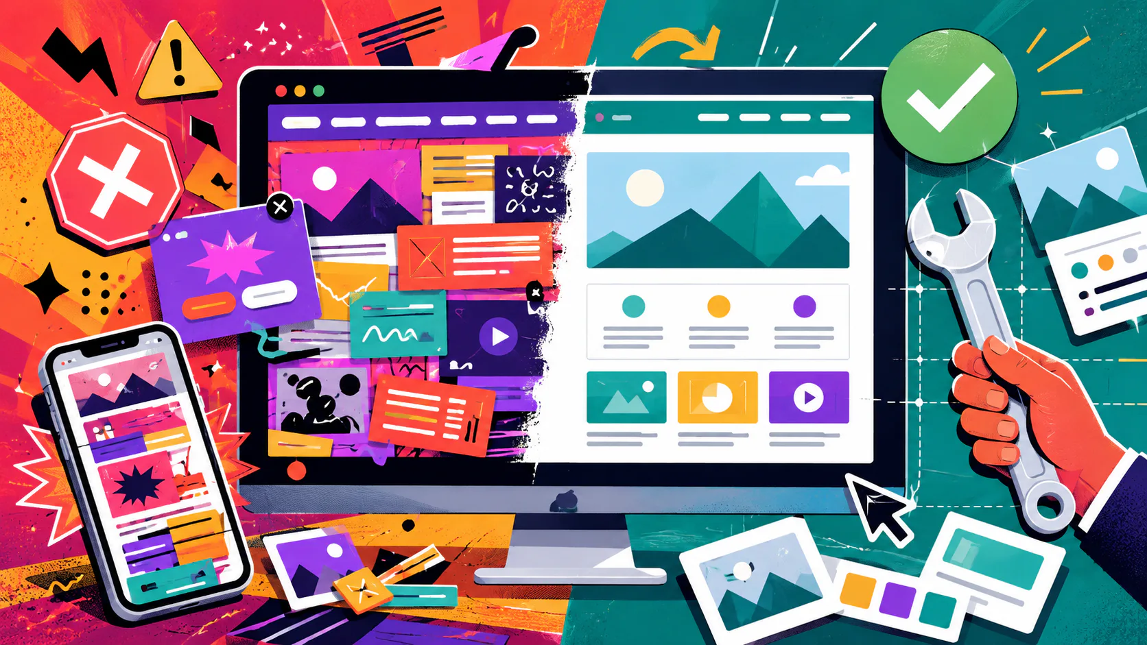Colorful illustration showing computer monitor displaying website layout with design elements, smartphone with vibrant UI mockups, wrench tool, green checkmark, red X mark, and abstract design icon...