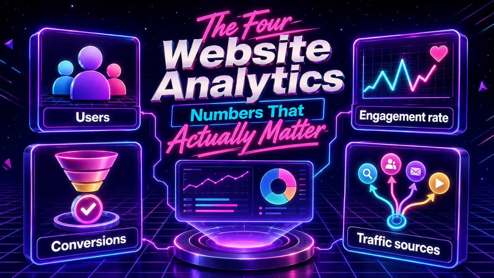 Neon-styled infographic showing four key website analytics metrics: Users with people icons, Conversions with funnel icon, Engagement rate with line graph, and Traffic sources with conversion flow ...