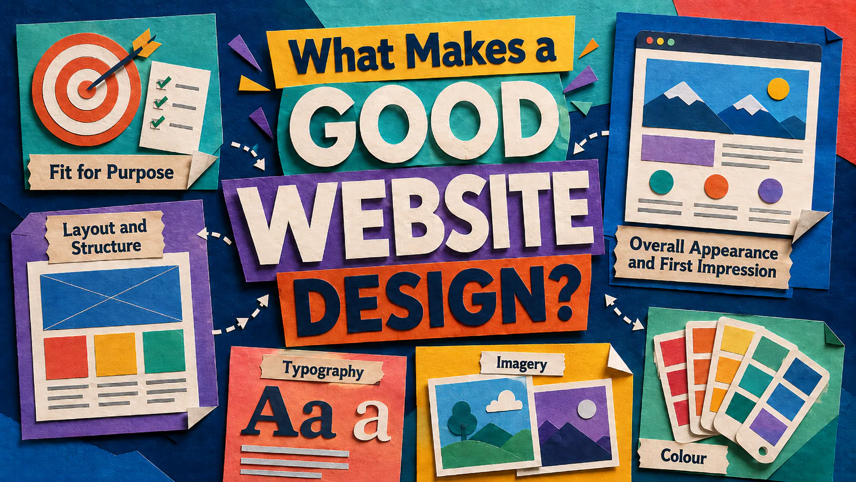 Colorful infographic displaying six essential website design components: fit for purpose with target icon, layout and structure with wireframe, typography showing letter styles, imagery with landsc...